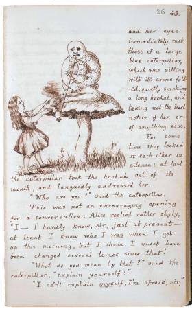 Pierwszy egzemplarz Lewis Carroll (czyli Charles Lutwigde Dodgson, pastor anglikański, wykładowca matematyki i logiki w Oxfordzie) zilustrował sam.