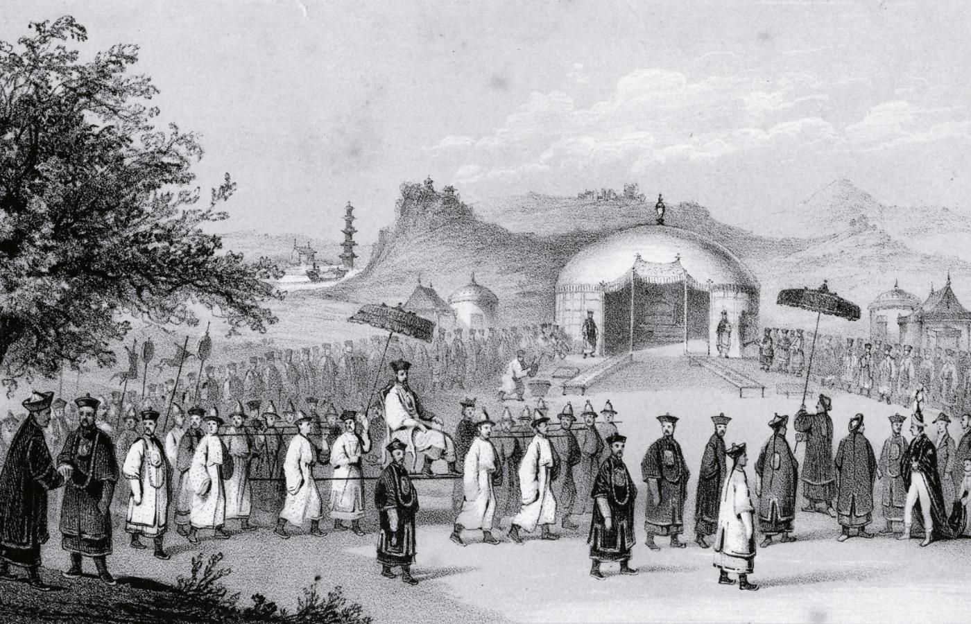 Cesarz Chin Qianlong zmierza do namiotu, w którym podejmie brytyjskiego ambasadora, XIX-wieczna litografia.