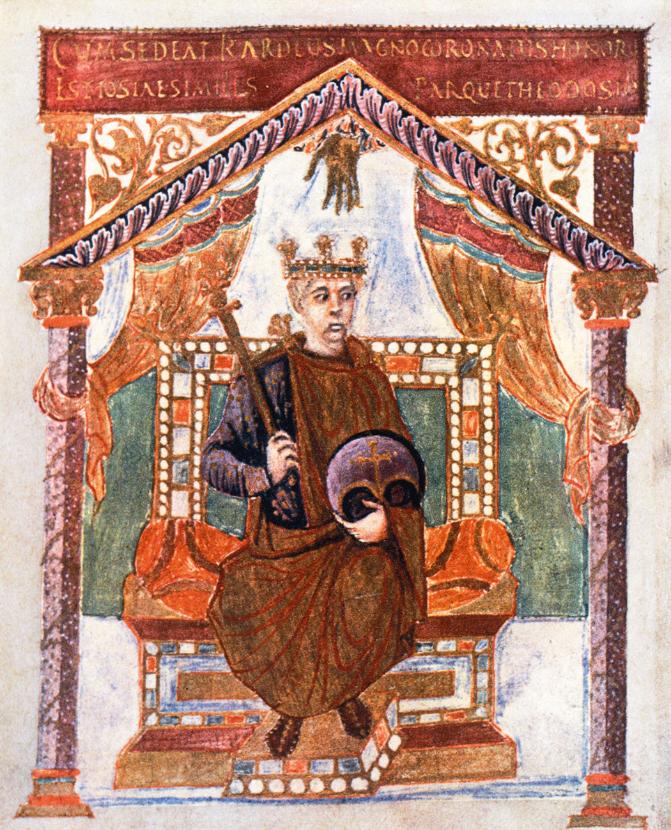 Karol Łysy, po koronacji w Orleanie w 843 r. król Franków Zachodnich; iluminacja z psałterza władcy, IX w.