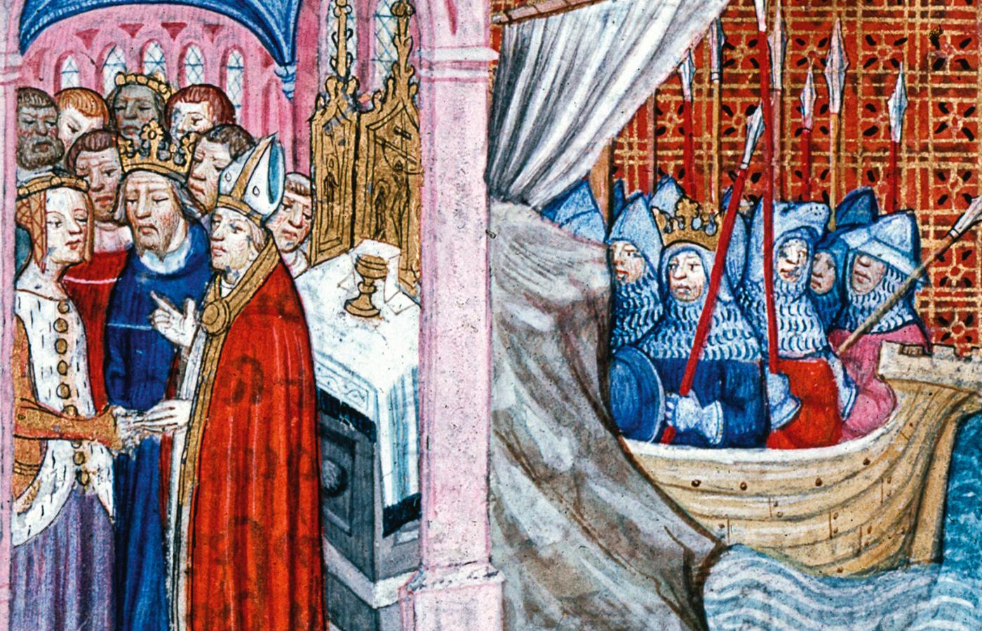 Ślub Eleonory Akwitańskiej z Ludwikiem VII oraz król podczas drugiej krucjaty. Iluminacja rękopisu z XIV w.
