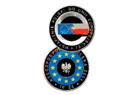 Monety srebrne o nominale 10 zł z 2004 r. upamiętniające wejście Polski do Unii Europejskiej.