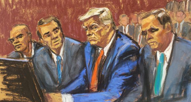 Szkic z sądu w Miami, gdzie były prezydent Donald Trump usłyszał zarzuty w sprawie nielegalnego wyniesienia tajnych dokumentów z Białego Domu i przetrzymywania ich w siedzibie Mar-a-Lago na Florydzie. 13 czerwca 2023 r.