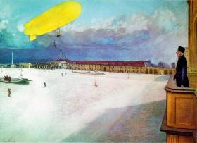 Z balkonu Schönbrunnu cesarz ogląda lot sterowca, ilustracja z 1908 r.