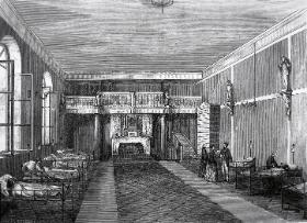 Sala dla chorych zakaźnie dzieci w szpitalu warszawskim przy ul. Kopernika, rycina z 1869 r.