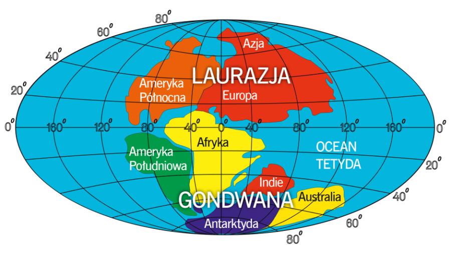 Układ ziemskich lądów w ­triasie, przed ponad 200 mln lat. Indie znajdowały się wówczas wiele tysięcy kilometrów na południe od Azji.