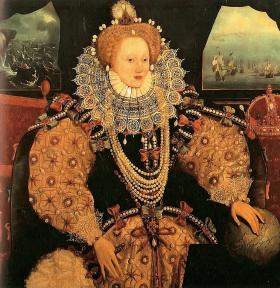Elżbieta I – choć podwaliny pod angielską potęgę morską położyli już jej poprzednicy, to za jej panowania flota angielska osiągnęła swe największe sukcesy, obraz olejny z epoki.