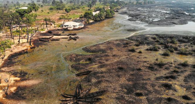 Ropa naftowa zanieczyszcza linię brzegową estuarium w B-Dere w Ogoniland w Nigerii.