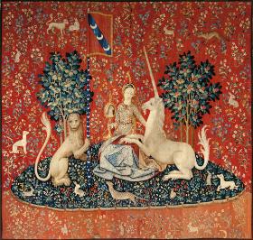 Późnogotyckie wyobrażenie jednorożca, tapiseria flandryjska z XV w.