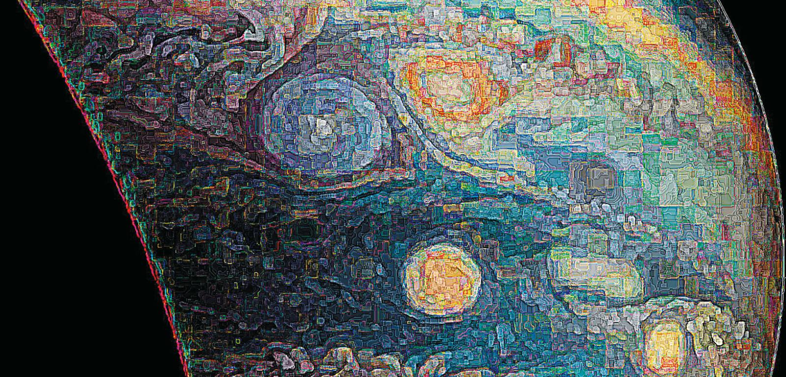 Na przetworzonym zdjęciu burze na Jowiszu przypominają obraz Vincenta van Gogha „Gwiaździsta noc”.