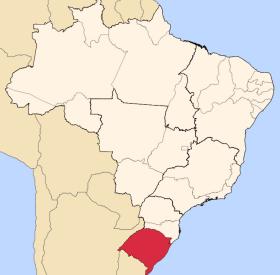 Mapa Brazylii z podziałem na stany. Na czerwono - stan Rio Grande do Sul, w którym znajduje się miejscowość Santa Maria, gdzie doszło do tragicznego w skutkach pożaru.