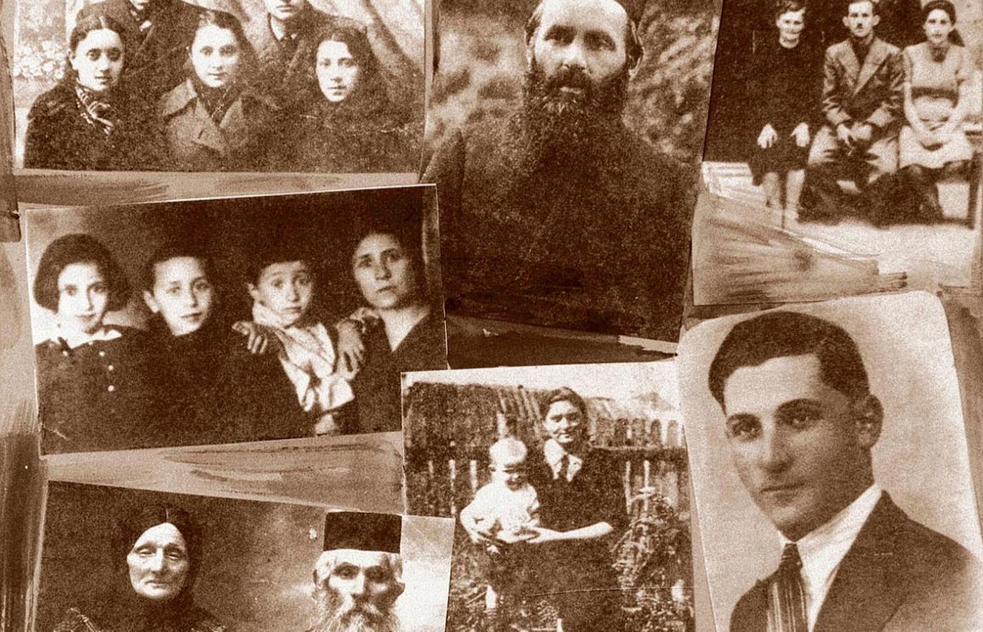 Fotografie żydowskich mieszkańców Jedwabnego (na zdjęciu w prawym górnymrogu siedzi z lewej Polka Antonina Wyrzykowska, która ratowała jedwabieńskich Żydów).