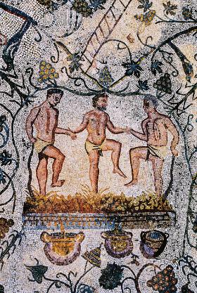 Wyciskanie soku z winogron – mozaika rzymska z amfiteatru, II w. n.e.