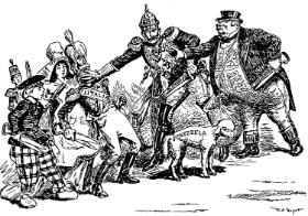 Karykatura z epoki odnosząca się do kryzysu lat 1902–03: Wielka Brytania i Niemcy roszczą sobie prawo, aby w pierwszej kolejności, przed innymi państwami, ostrzyc i tak już zabiedzoną Wenezuelę (przedstawioną jako bezbronną owcę).