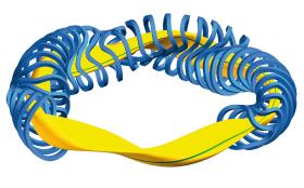 Stellarator jest pięciokrotnie skręconym torusem (obwarzankiem). Niebieskie obręcze to specjalnie uformowane cewki magnetyczne.