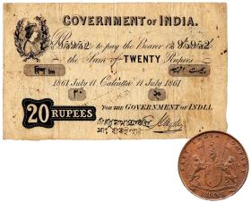 Papierowa rupia brytyjska z 1861 r. i moneta brytyjskiej Kompanii Wschodnioindyjskiej z 1808 r.