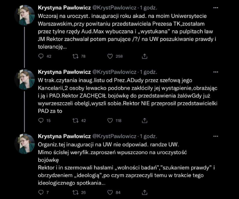 Krystyna Pawłowicz wita nowy rok akademicki na Twitterze.