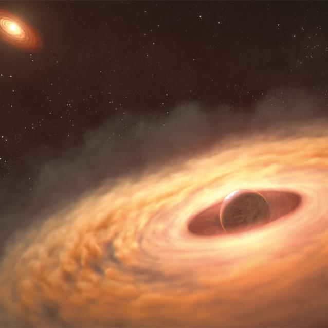 Artystyczne przedstawienie dysku formującego księżyce wokół egzoplanety.