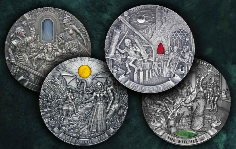 Kilogramowe monety z serii 'Wiedźmin': Ostatnie Życzenie, Miecz Przeznaczenia, Krew Elfów i Czas Pogardy.