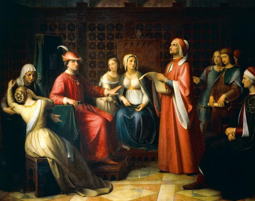 Wypędzony. Dante Alighieri czyta „Boską komedię” na dworze Gwidona II w Rawennie (obraz Andrei Pieriniego z 1850 r.).