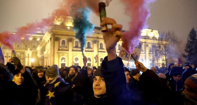 Protest pod Pałacem Prezydenckim w Budapeszcie 21 grudnia 2018 r.