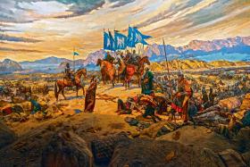 Bitwa pod Manzikertem w 1071 r., w centrum Alp Aslan, który wziął do niewoli cesarza bizantyjskiego; obraz ze zbiorów Muzeum Wojskowego w Stambule