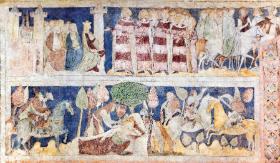 Przygody miłosne Lancelota i Ginewry, żony króla Artura, namalowane w ok. 1346 r. w książęcej wieży mieszkalnej w Siedlęcinie.