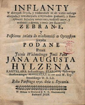 Karta tytułowa dzieła kronikarza Inflant Jana Augusta Hylzena, wyd. 1750 r.