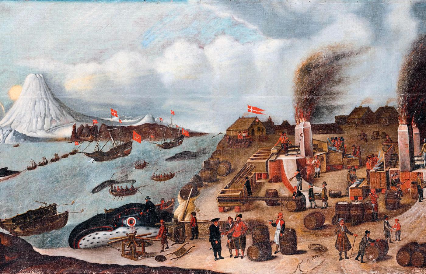 Duńska stacja wielorybnicza na Grenlandii; obraz z XVII w.