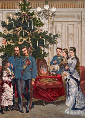 Święta w rodzinnym kręgu. Od lewej: Maria Waleria, Franciszek Józef, Rudolf, Gizela i Elżbieta, ilustracja z 1880 r.