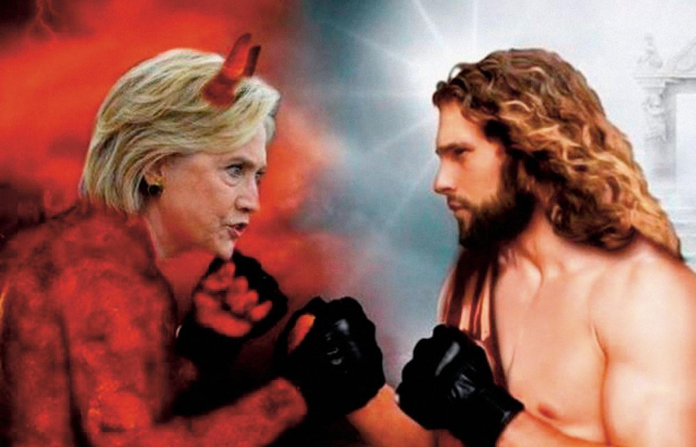 Mem, przedstawiający walkę na pięści między Jezusem a Hillary Clinton