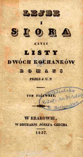 Karta tytułowa powieści Juliana Ursyna Niemcewicza „Lejbe i Siora”.