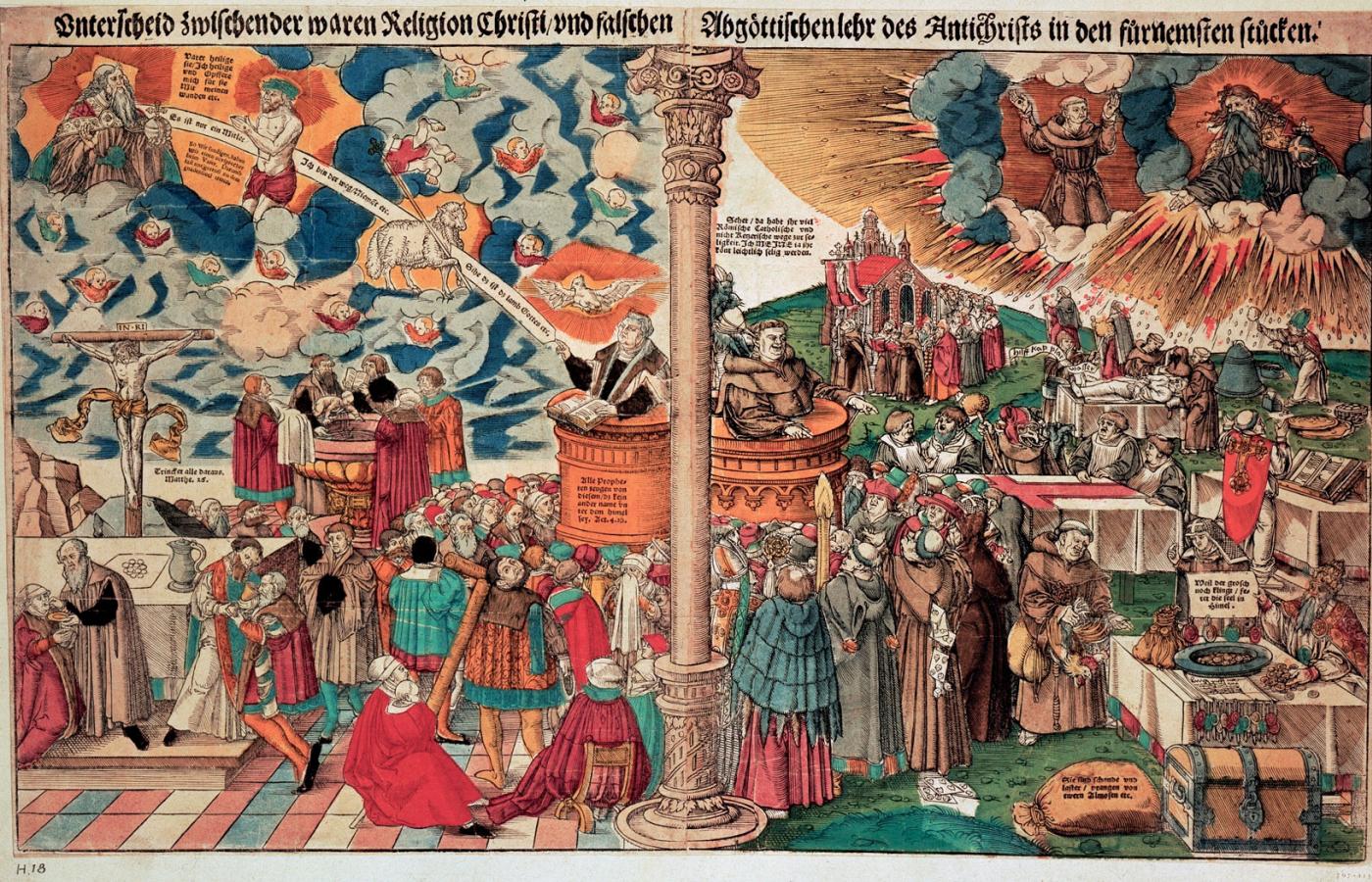 Porównanie doktryny Lutra i katolickiej praktyki, drzeworyt Lucasa Cranacha (Młodszego), 1546 r
