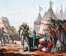 Philippe de Villiers de L’Isle-Adam negocjuje z Sulejmanem podczas oblężenia Rodos, ilustracja z „Portretów wielkich mężów” wydanych we Francji w XVIII w.