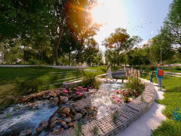 Łódź, wizualizacja fragmentów parku Kilińskiego, przez który miałaby przepływać odkryta rzeka Lamus.