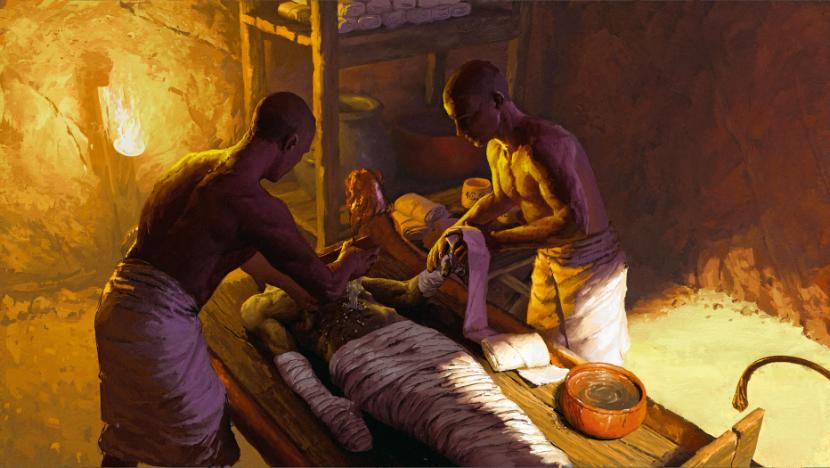Podczas bandażowania zużywano nawet do 25 kg płótna (wizualizacja sporządzona przez niemieckich archeologów na podstawie znalezisk w Sakkarze).