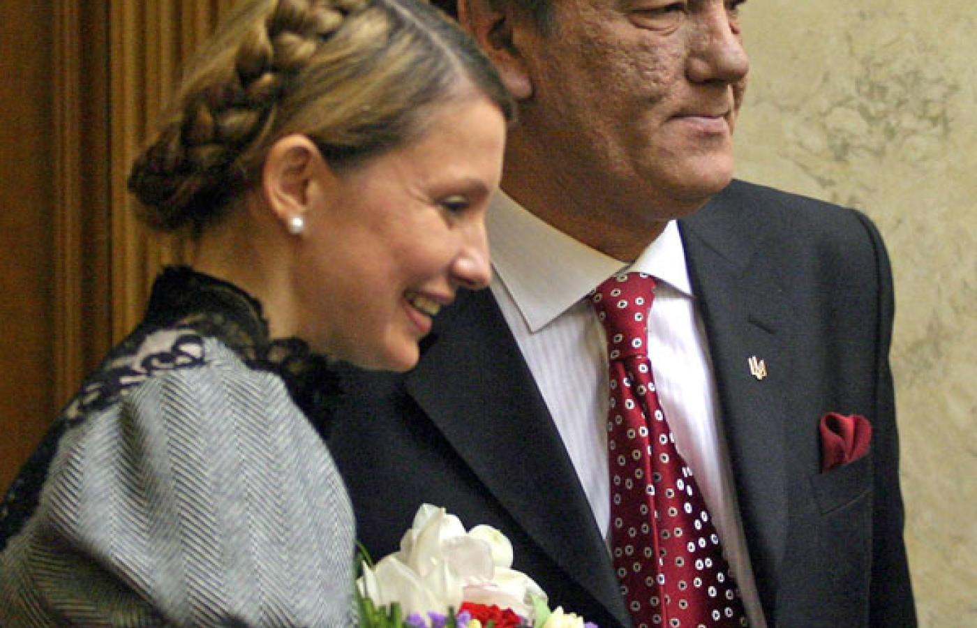 Julia Tymoszenko po wyborze przez Parlament Ukrainy na stanowisko  premiera z Wiktorem Juszczenko, luty 2005