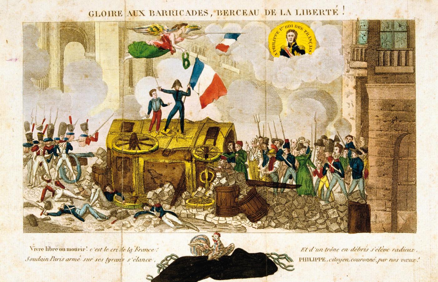 Paryżanie przeciw wojsku podczas rewolucji lipcowej 1830 r. - rysunek z epoki.
