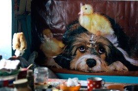 Plakat wiszący obok stołu kuchennego w beczce zamieszkiwanej przez Wołodię. Doklejone na czole psa oczy symbolizują trzecie oko - czakrę związaną z wyższymi poziomami świadomości.