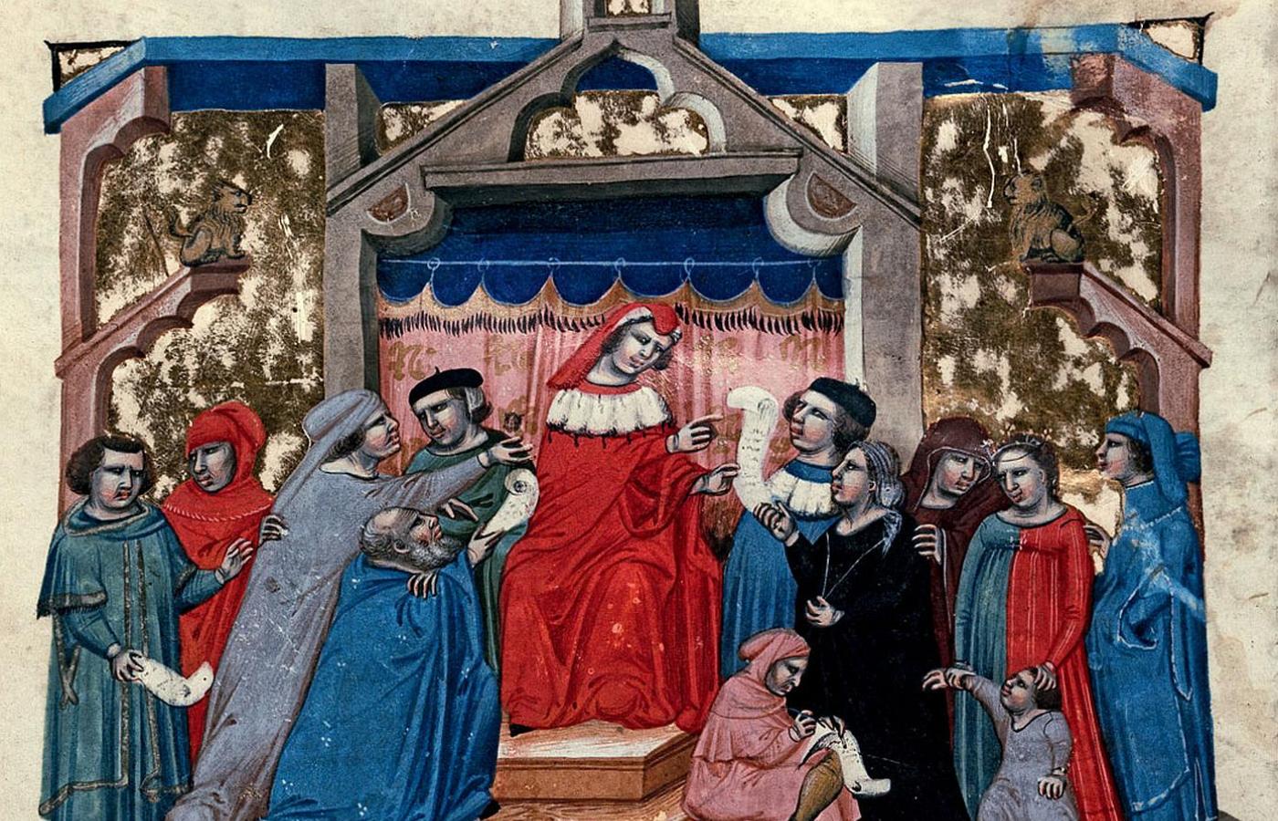 Scena sądowa; miniatura z łacińskiego wydania „Kodeksu Justyniana”, XIV w.