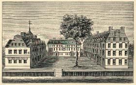 Budynki Harvard University, najstarszej uczelni amerykańskiej; grafika z XVIII w.