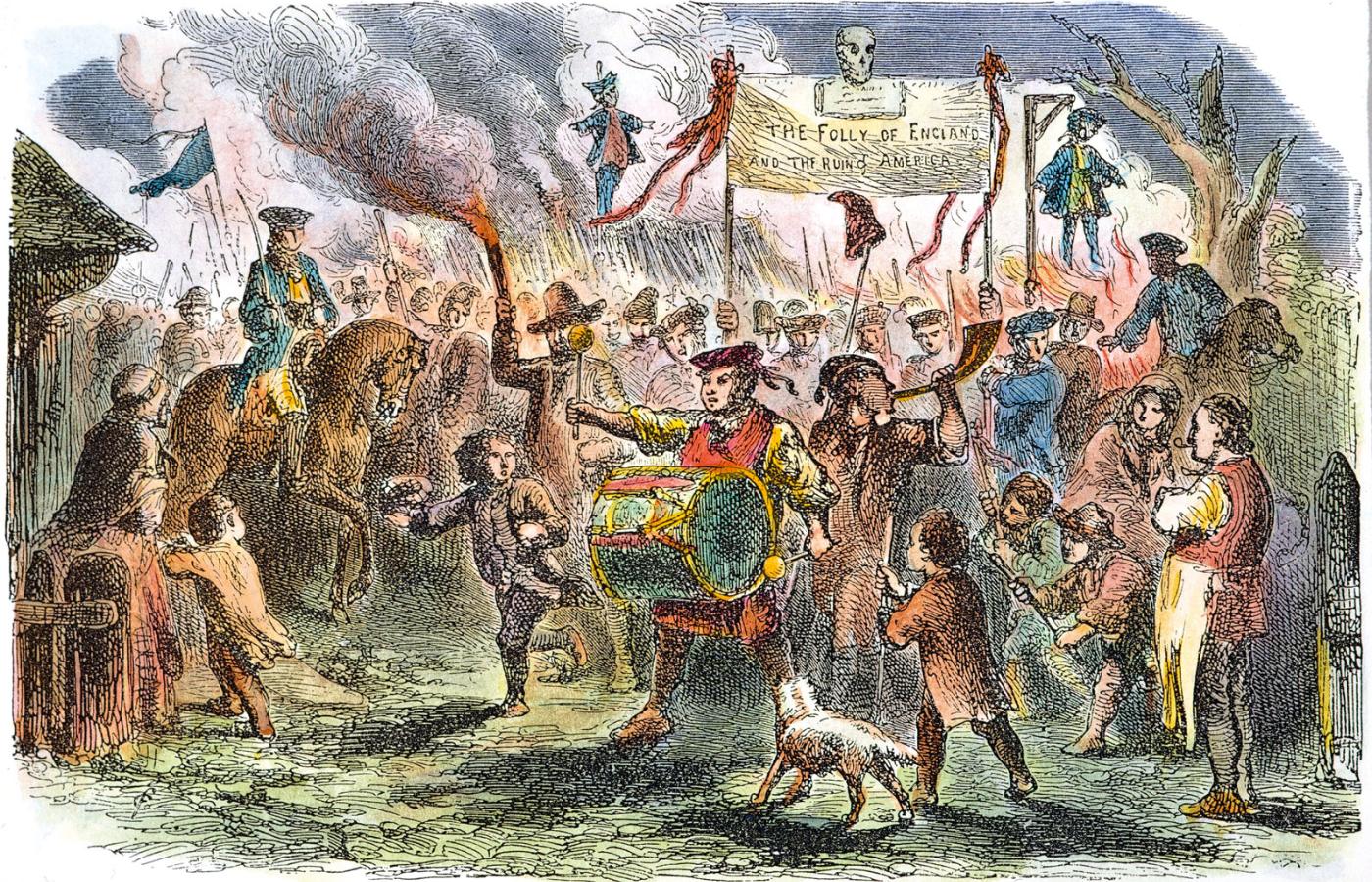 Zamieszki w Bostonie wywołane wprowadzeniem Ustawy stemplowej w 1765 r.; drzeworyt z poł. XIX w.