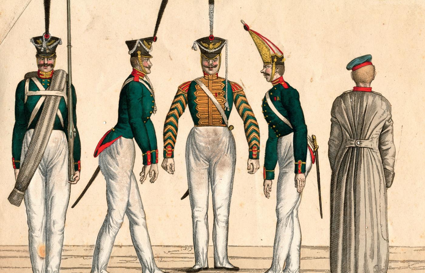 Rosyjscy grenadierzy gwardii z lat 1812-14 oczami francuskiego karykaturzysty, Paryż 1814 r.