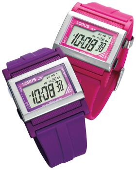 R2333gx9 i R2335GX9. Kolorowe elektroniczne zegarki marki Lorus, Plastikowa koperta, dekiel ze stali szlachetnej, poliuretanowy pasek, podświetlenie, wodoszczelność 100 m. Cena: 115 zł.
