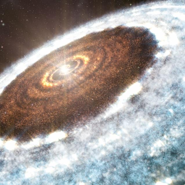 Wizualizacja bardzo młodej gwiazdy V883 Orionis, powstała dzięki obserwacjom teleskopu ALMA w Chile. W otaczającym gwiazdę dysku widać tzw. granicę śniegu. Bliżej gwiazdy dysk zawiera rozgrzany pył i gaz.