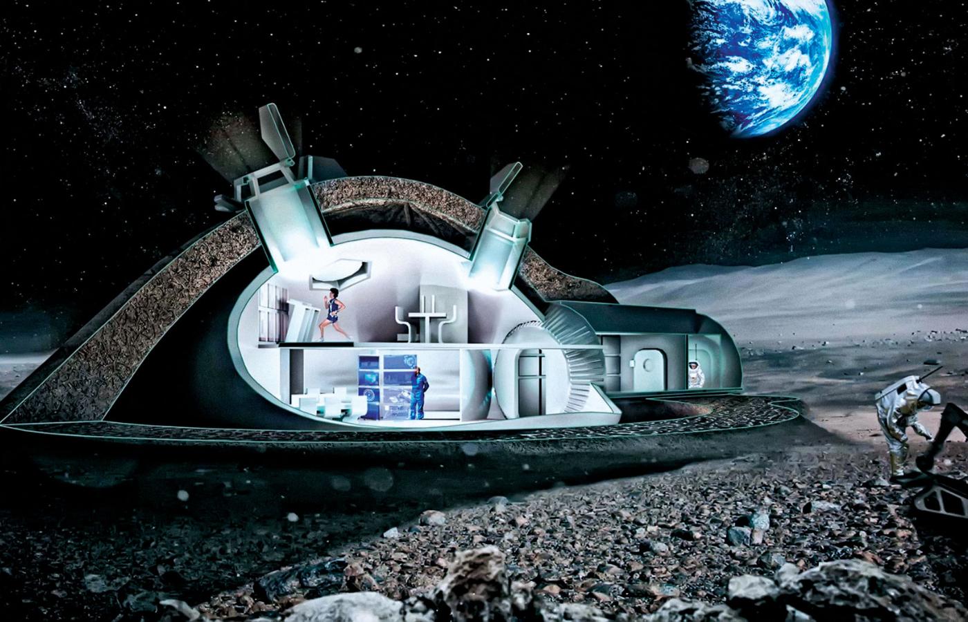 Projekt lunarnego habitatu autorstwa Foster+Partners, wykonany dla Europejskiej Agencji Kosmicznej.