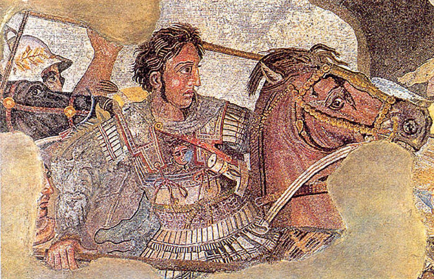 Aleksander Wielki walczący pod Issos. Fragment mozaiki Aleksandra odnalezionej w Pompejach.
