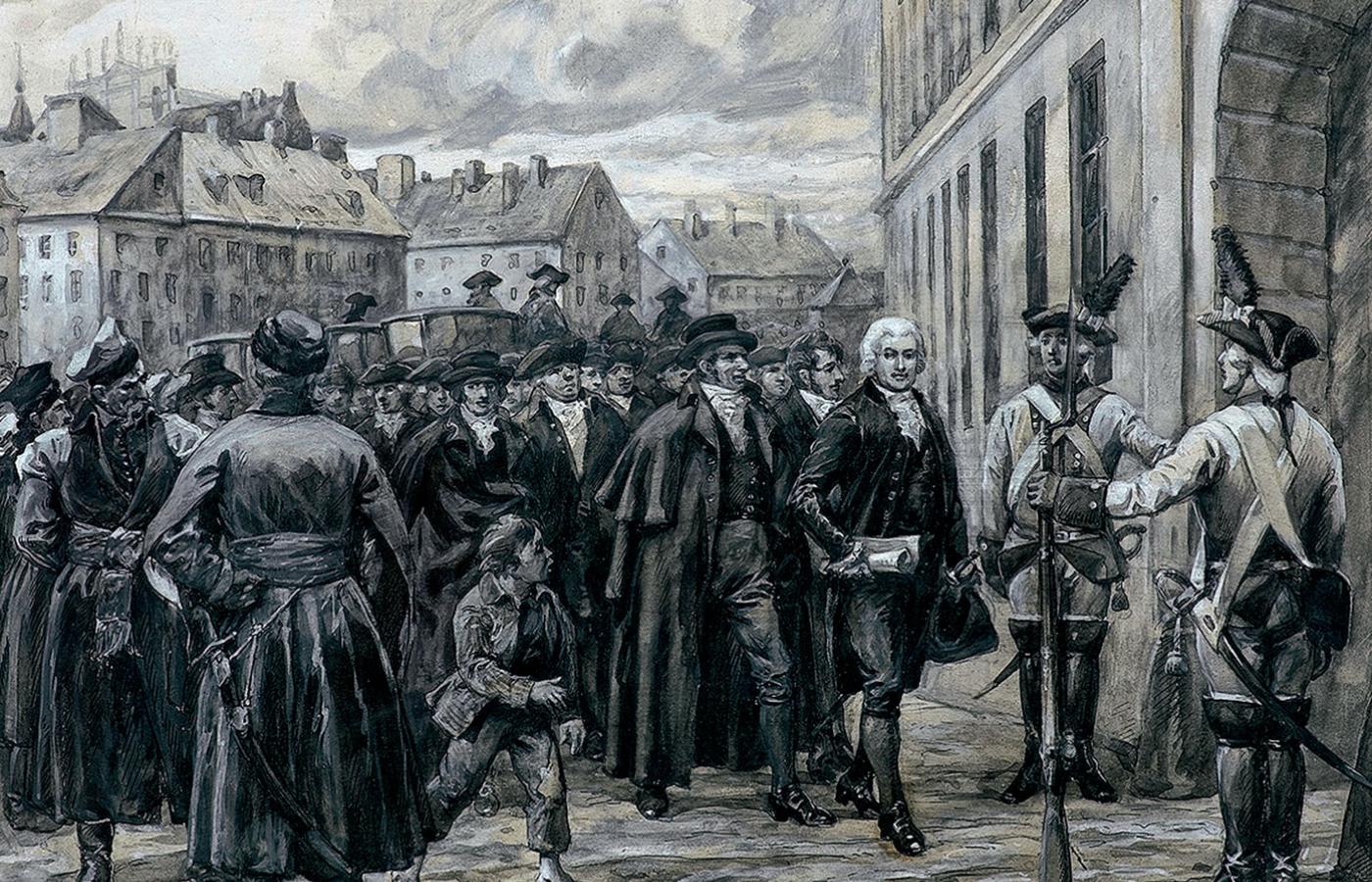 Jan Dekert na czele tzw. czarnej procesji mieszczan przed Zamkiem Królewskim w Warszawie, 2 grudnia 1789 r.; akwarela z pocz. XX w.