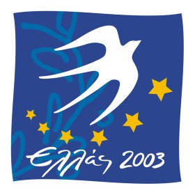 Grecka kompozycja: jaskółka, gałązka oliwna, unijne gwiazdy. Prezydencja w pierwszej połowie 2003 r.