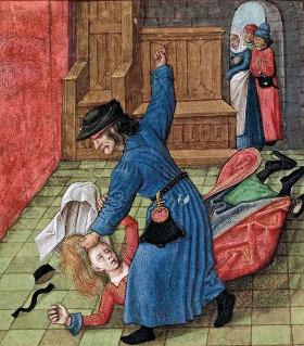 Maltretowana kobieta. Miniatura z kodeksu z późnośredniowiecznej Brugii.