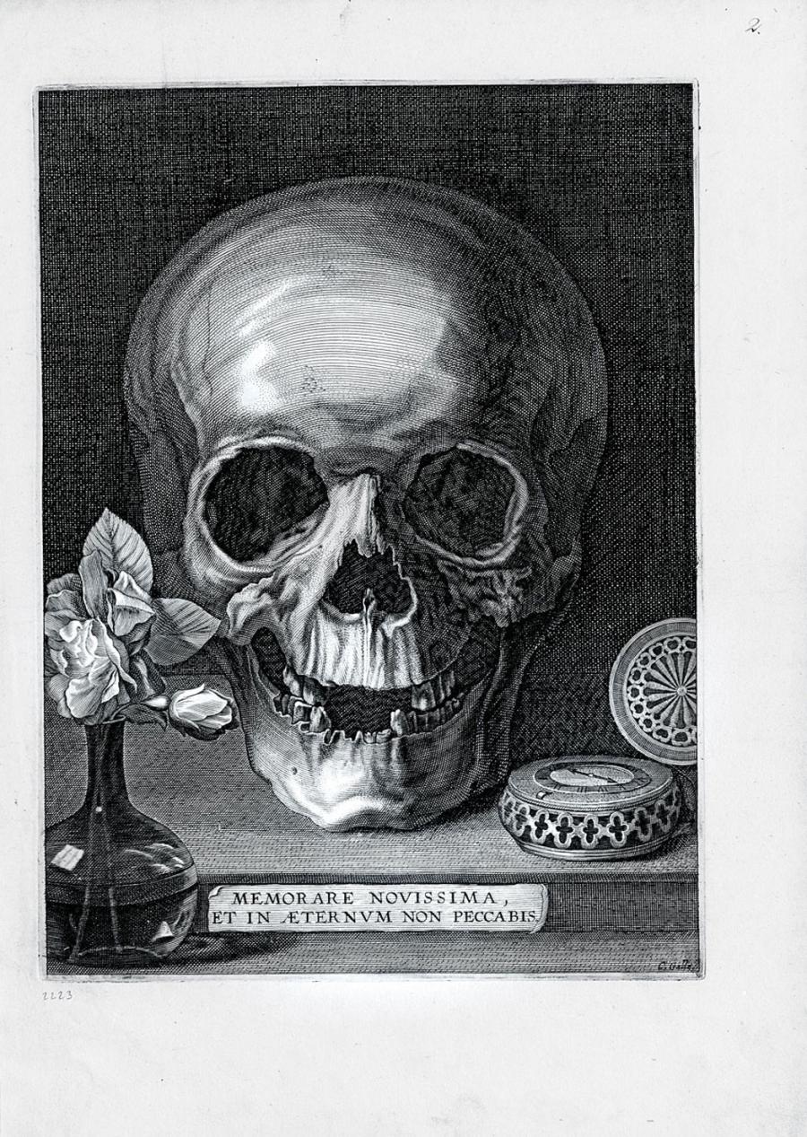 Cornelis Galle I, „Vanitas z czaszką, gałązką róży i zegarem”, Antwerpia, I poł. XVI w.